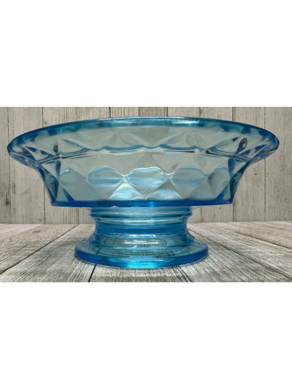 Vintage Early American Pattern Glass Bowl Footed Diamond Quilted Sky Blue 7" DIA